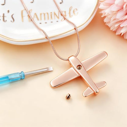 Airplane Ashes Necklace Aircraft Cremation Urn Necklace for Ashes Pendant Stainless Steel Keepsake Memorial Jewelry for Women Men - color: Rose gold