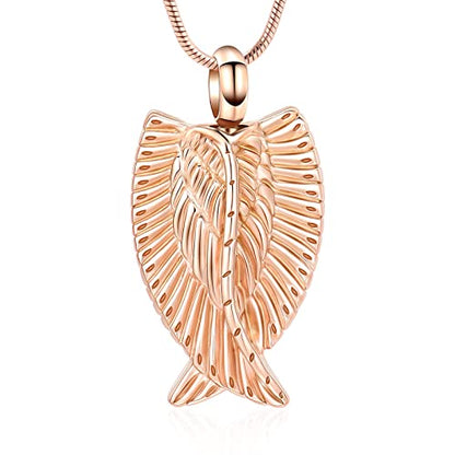 Angel Wings Cremation Jewelry Necklaces Stainless Steel Urn Necklaces for Ashes Memorial Keepsake Pendant for Women Men Gifts With Funnel Kit & Bag - color: RoseGold