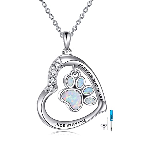 YFN Paw Print Necklace Sterling Silver Dog Cat Charms Pendant Cremation Jewelry Cat Dog Memorial Gifts for Women Girls - color: White Opal Paw Urn