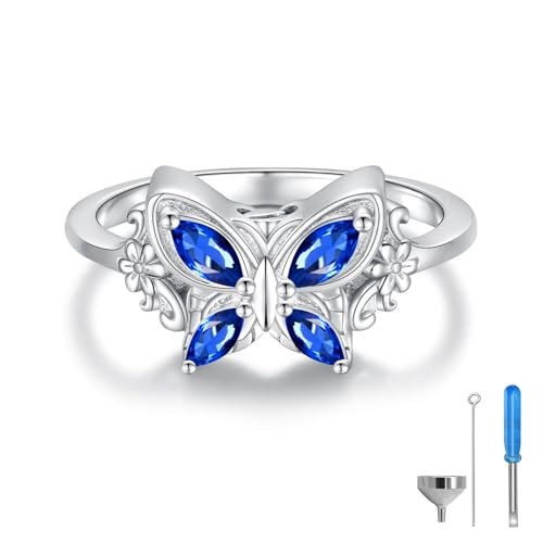 925 Sterling Silver Butterfly Cremation Ring for Ashes Memorial Urn Rings Keepsake Jewelry for Ashes Sympathy Gift for Women - color: Blue