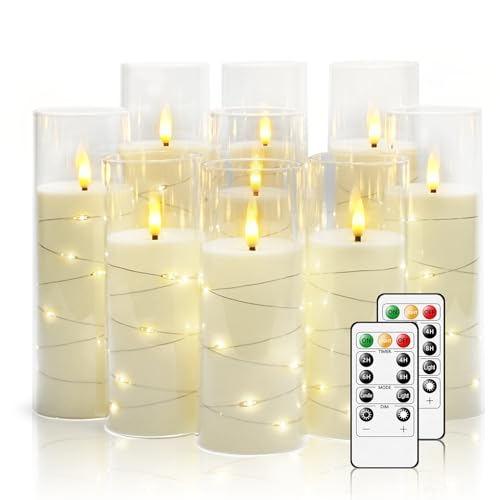 Nimiko Flickering Flameless LED Candles, 9 Pcs with Embedded Star String, Acrylic LED Pillar Candles with Remote, Suitable for Home Decoration (White) - color: White