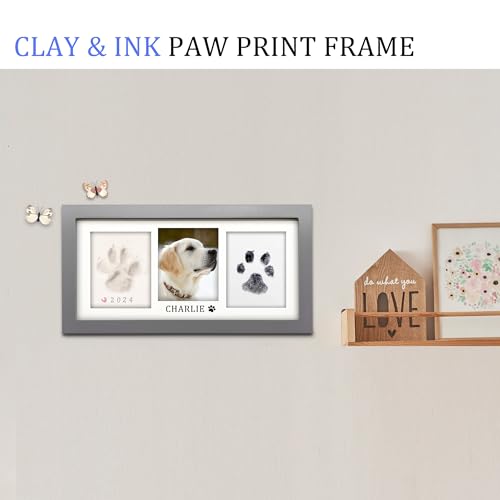 MYPAWLETS Paw Print Frame Kit,Dog/Cat Paw Print Keepsake,Grey | Soft Clay & Clean Touch Ink Pad,Paw Print Impression Kit with Customization Tool,Pet Memorial Wooden Frame,DIY Dog Lover Gift - color: Grey