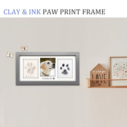 MYPAWLETS Paw Print Frame Kit,Dog/Cat Paw Print Keepsake,Grey | Soft Clay & Clean Touch Ink Pad,Paw Print Impression Kit with Customization Tool,Pet Memorial Wooden Frame,DIY Dog Lover Gift - color: Grey