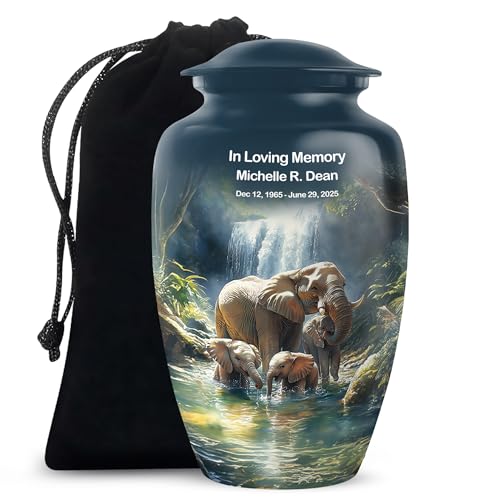 Customised Elephant Family Large Funeral Urns for Adult Ashes Women & Men | Personal Human Cremation Urns for Ashes for Funeral - Blue Decorative Urn for Adult Male & Female With Velvet Bag - 10 Inch - color: Elephant-1, size: 10 Inch