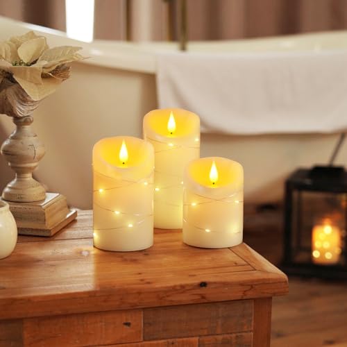 Homemory Flameless Candles with String Lights, 3 Pack Embedded Fairy String Lights LED Candles, Electric Flickering Candles with Remote Control and Timer, Real Wax, Ivory White - color: Ivory