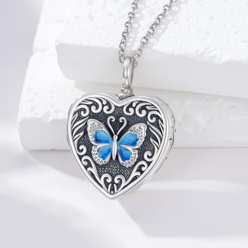 PELOVNY Urn Necklaces for Ashes of Loved Ones 925 Sterling Silver Personalized Heart Locket Urn Necklace Cremation Keepsake Memorial Jewelry Gifts for Women Men - color: Butterfly Locket Urn