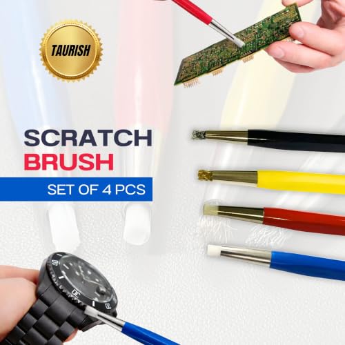 4 Piece Fiberglass Scratch Brush Pen Set with Steel, Brass, Nylon Tips | Surface Restoration, Oxidation Cleaning, Metal Polishing, Jewelry Cleaning, Watch Cleaning, Coin Cleaning, PCB Cleaning