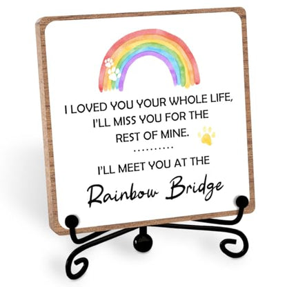 Rainbow Bridge Pet Memorial Gifts for Grieving Friends, Sympathy for Women | Remembrance Desk Shelf Decor, Pet Bereavement Condolences Keepsake for Office Bedroom Home, Wooden Sign with Iron Stand - style: Rainbow bridge 02