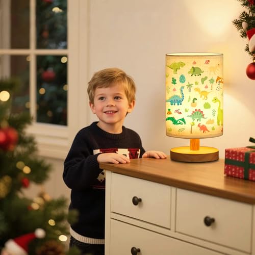 WSYEAR Bedside Table Lamp for Bedroom with Dinosaur Pattern Printed Shade 3-Way Dimmable Small Lamp with Wood Base for Living Room, Desk, Dorm, Home Office - color: Dinosaur Pattern