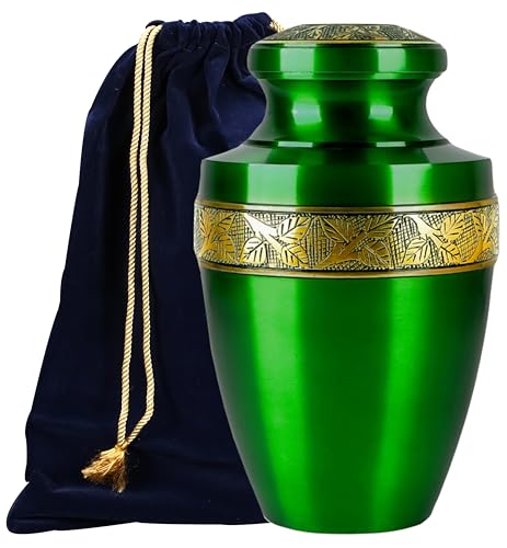 ALPHA Living HOME Cremation Urns for Human Ashes Adult – Handcrafted Metal Memorial Urn with Tree Engraving & Velvet Carry Bag, Decorative Funeral Burial Urn with Secure Screw Lid (Green & Gold) - color: Green Gold, size: Hand Engraved