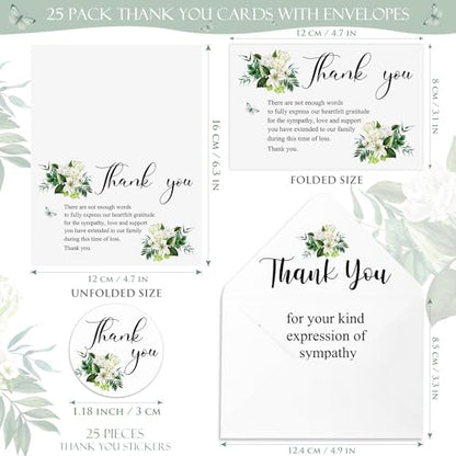 Marspark 25 Pack Funeral Thank You Cards Sympathy Envelopes, Lily | Bereavement Message Memorial Postcards with Stickers, for Loved Ones Family Friends, Celebration of Life - style: Lily