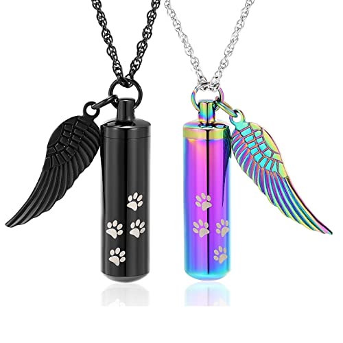 shajwo Cremation Jewelry Paw Print Urn Necklaces for Human Pet Ashes Cylinder Urn Pendant Keepsake Memorial Ash Locket Holder Necklace for Men Women - color: 2PCS-Black/Rainbow