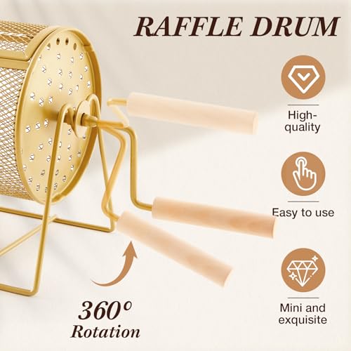 Teenyyou Raffle Drum Holds 600 Tickets, Metal Ticket Wheel Spinner with Stand, Raffle Tickets Cage for Games Events, Parties, School Drawings( Crank Handle, Gold, 7.09" x 4.72", Small) - color: Gold, size: 7.09" X 4.72", Small, style: Crank Handle