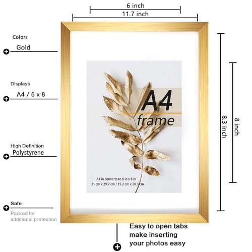 A4 Picture Frame Gold 3 Pcs set can Display 6x8 Picture with Mat or A4 Without Mat on the Wall - color: Gold, size: A4-3Pack