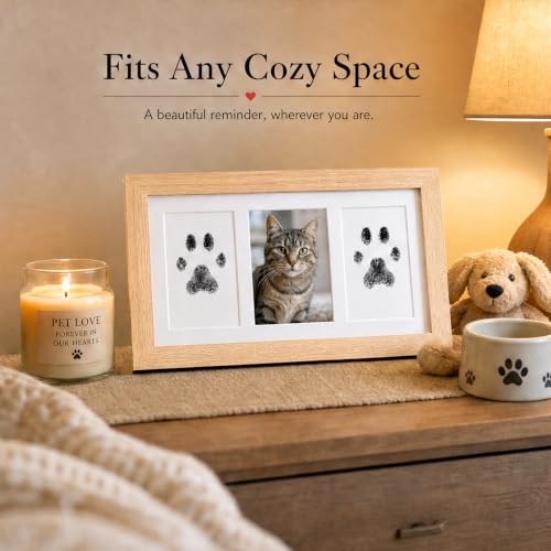 Pet Memorial Photo Frame, No-Mess Paw Print Ink Pad Kit for Dog Cat, Rustic Pet Loss Sympathy Keepsake, Cherish Furry Family Member Memory（Natural Wood） - color: natural wood