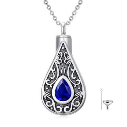 Teardrop Urn Necklace for Ashes Filigree Birthstone Keepsake Pendant Cremation Jewelry for Ashes Memorial Jewelry Gifts for Loss of a Loved One for Women - style: Sep-Sapphire