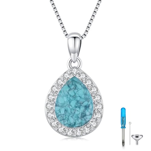 Urn necklace for Ashes 925 Sterling Silver Opal/Turquoise/Moonstone/Moss agate Pendant Cremation Memory Jewelry Keepsake Gifts for Women - style: Turquoise Gravel