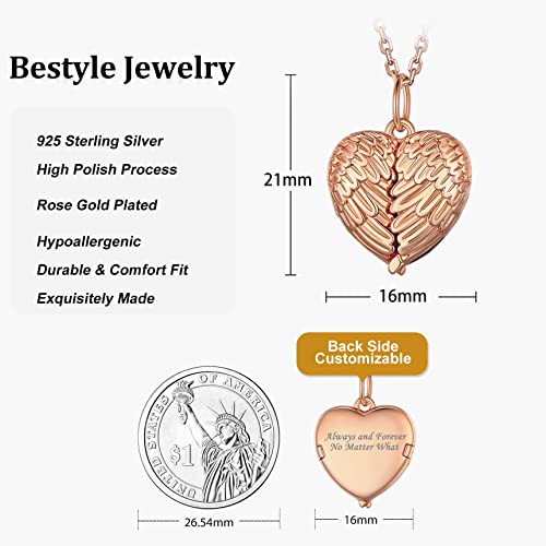 Bestyle Sterling Silver Heart Locket Necklace for Women, Dainty Cute Small Heart Locket Pendant in Gold/Rose Gold/Silver, Love Statement Jewelry Gift for Mother Wife - color: D1. Angel Wing-Rose Gold-Locket Only, NO Custom