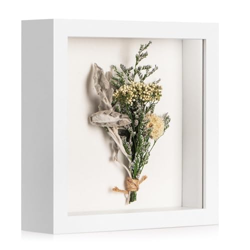 6x6 Small Shadow Box Frame with Ultra-Clear Glass & Soft Linen Back | With Push Pins and Stand, Deep 1.2" White Shadow Box Display Case – Display on Tabletop or Wall for Photo, Flower, Keepsakes - color: White+high Definition Panel + Shatter-proof Packagi
