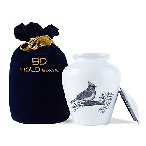 BOLD & DIVINE Painted Cremation Urn - Affordable Metal Urn - Hand Painted Solid Metal Urn for Ashes, Adult Cremation Urn with Free Velvet Bag (Cardinal) - color: Cardinal Bird