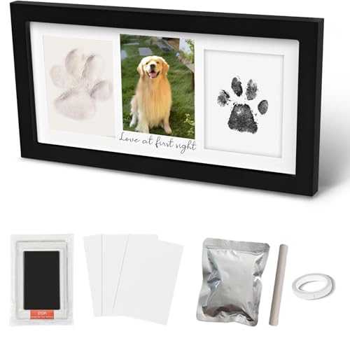 Paw Print Frame Kit, Cat/Dog Paw Print Kit, Dog Nose Print Kit, Soft Pawprint Clay&Clean Touch Ink Pad,Pet Paw Print Impression Kit with Customization Tool,Wooden Pet Memorial Frame, Black - color: Black
