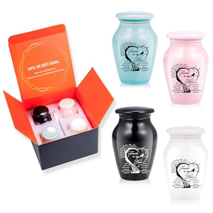 4PCS Ceramic Urns for Ashes, Small Memorial Keepsake Set, Tree of Life | Handcrafted Ceramic, Secure Lid, Compact 2.75" Size, Sharing Set, Filling Spoon & Presentation Box Included