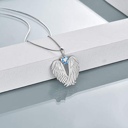 YFN Angel Wings Necklace 925 Sterling Silver Guardian Angel Wings Pendant Necklace Birthstone Necklace for Women Girls Christmas Jewelry Gifts - color: December-Blue