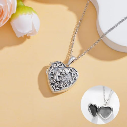 Personalized Heart Locket Necklace That Holds Pictures 925 Sterling Silver Custom Photo Lockets Necklaces Jewelry Gifts for Family Women Lover - color: Cat and Skull, style: Locket Only