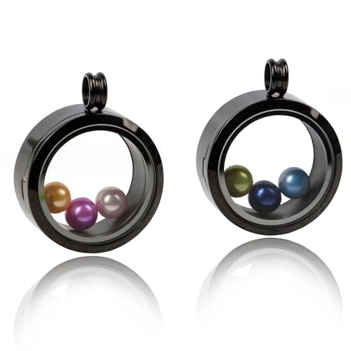 2PCS 30MM Floating Charm Locket Necklace with 6 Freshwater Pearls/Beads,316L Stainless Steel Clear Glass Locket,Small Waterproof Living Memory Pendant for Women(Without Chain) - color: Black