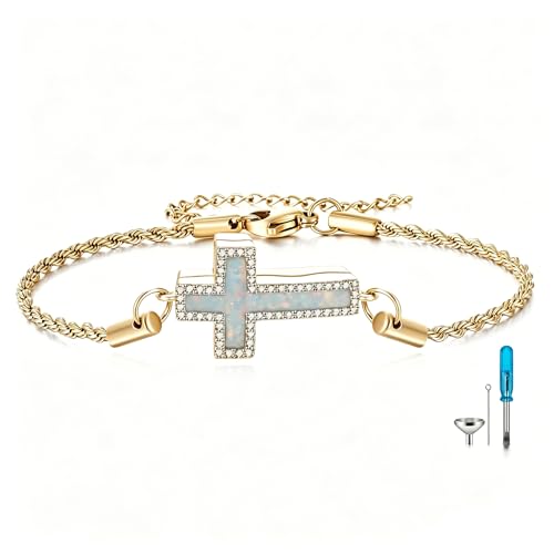 Urn Bracelet for Ashes Cross Urn Bracelet Cremation Jewelry Gifts for Women - color: gold-opal