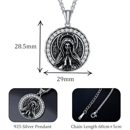 925 Sterling Silver Patron Saint Necklace Amulet Miraculous Medal Pendant Jewelry for Men Women with Friendship Talisman Travel Inspirational Gifts - color: black-C