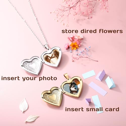 Personalized Heart Locket Necklace for Women with Picture Custom Inside Engraved Text Silver/Gold/Rose Gold Photo Locket Stainless Steel Memorial Gifts for Mom Daughter Grandmother - color: A1: Silver Flower Pattern (Custom)
