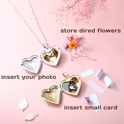 Personalized Heart Locket Necklace for Women with Picture Custom Inside Engraved Text Silver/Gold/Rose Gold Photo Locket Stainless Steel Memorial Gifts for Mom Daughter Grandmother - color: A1: Silver Flower Pattern (Custom)