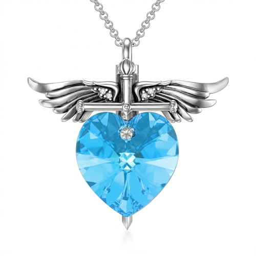 SOULMEET Memorial Wings Necklace for Ashes with Large Heart Crystal Birthstone, Angel Wings Urn Necklaces with Heart Shaped Birthstone Keepsake Silver Cremation Jewelry - style: C-March