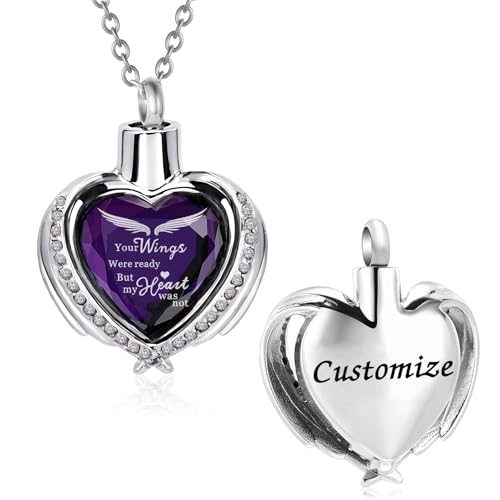 Angel Wing Heart Crystal Cremation Necklace - Stainless Steel Keepsake Pendant for Ashes, Cubic Zirconia Crystal Heart Shaped Urn Necklace for Loved Ones - color: Customize