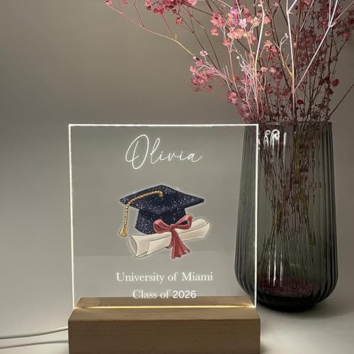 Let's Make Memories Personalized Graduation Frame Celebrate Class Customize Name & Year Night Light Lamp Wood Base LED Desk Stand Plaque Plate Display Graduating High School University Graduate Gift