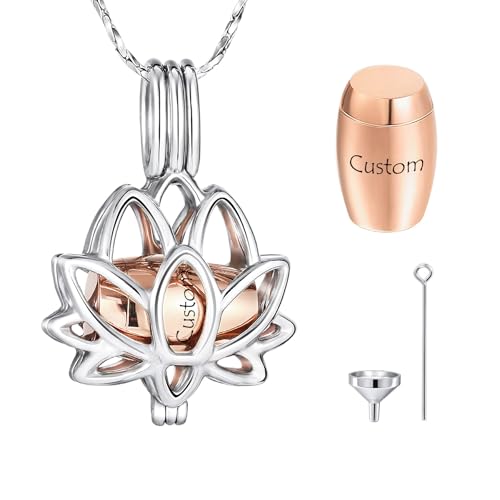 MeMeDIY Stainless Steel Urn Necklaces for Ashes Cremation Jewelry for Ashes Mini Keepsake Urn Memorial Ash Jewelry Lotus Flower Shape Urn Necklace Engraved Text - color: C2: Silver + Rose Gold (Customized)