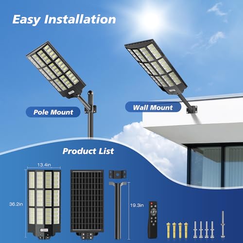 WYWNA 15000W Solar Street Lights Outdoor, 7000K Dusk to Dawn Solar Security Lights with Motion Sensor & Remote Control, IP66 Waterproof Parking Lot Light for Driveway Yard Farm Road - size: 15000
