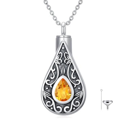Teardrop Urn Necklace for Ashes Filigree Birthstone Keepsake Pendant Cremation Jewelry for Ashes Memorial Jewelry Gifts for Loss of a Loved One for Women - style: Nov-Citrine