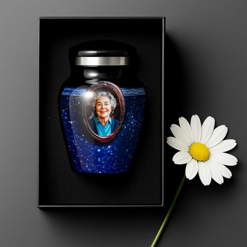 Blue Galaxy Photo Urn for Human Ashes – Personalized Cremation Tribute with Portrait, Name & Dates, Starry Sky Memorial Keepsake, Made in USA (Blue, Small) - size: Small