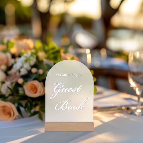 Acrylic Wedding Guest Book Sign for Reception with Wood Stand, 5 x 7 | Wedding signage encourages guests to sign the guest book; frosted acrylic table sign with white text and beech wood stand. - size: Guest Book Sign