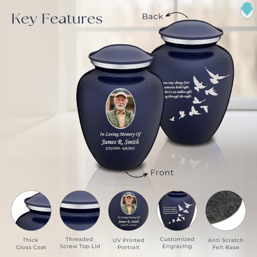 Geturns Embrace Adult Personalized Doves Cremation Urns for Human Ashes I Large Picture Cobalt Blue Funeral Urn for Adult Men and Women with Double Side Engraving I 200 lbs - color: _Cobalt Blue (Double Sided)