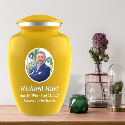 Personalized Photo Cremation Urns for Adult Ashes Male Female - 200lbs Custom Photo Burial Urns for Human Ashes - Engraved Handcrafted Funeral Decorative Urns for Adult with Velvet Bag, Yellow