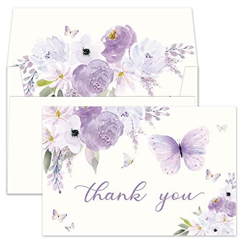 Gooji 4x6 Purple Floral Thank You Cards with Envelopes 20 Pack Matching Peel-and-Seal Envelopes, Assorted Bulk Watercolor, Birthday, Baby Shower, Weddings, Blank Business Stationary - color: Purple, White