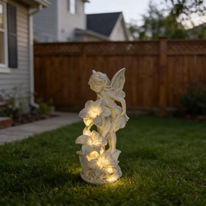 Angel Figurines Garden Statue with Solar Powered Light 12.2IN - color: Showerhead Angel