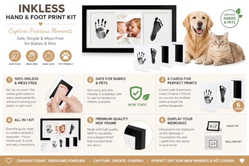 Inkless Baby Hand and Footprint Kit – Newborn Keepsake Frame with Non-Toxic Ink Pad, Baby Handprint & Footprint Kit for Boys & Girls, Baby Shower With Extra Cards (Black) - color: Black