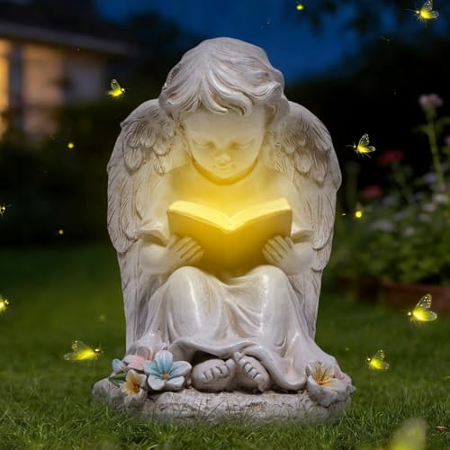 basen Solar Angel Garden Statue with LED Lighted Book, Resin Outdoor Guardian Angel Figurine, Waterproof Lawn Yard Patio Decor, Memorial Sympathy Sculpture for Porch Backyard Gift - color: Angel Reading Books
