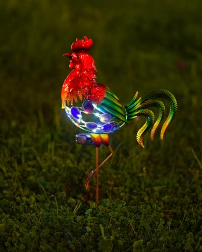 GDF 20" Chicken Decor - Outdoor Rooster Decor Solar Lights -Metal Rooster Garden Decorations for Yard Pathway Lawn Patio Courtyard for Her/Him (Updated)