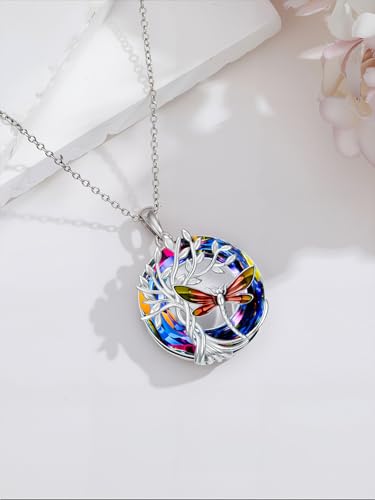 TOUPOP Butterfly Necklace for Women 925 Sterling Silver Tree of Life Butterflies Dragonfly Hummingbird Pendant Necklaces Crystal Jewelry Anniversary Christmas Birthday Gift for Her - color: Dragonfly Red