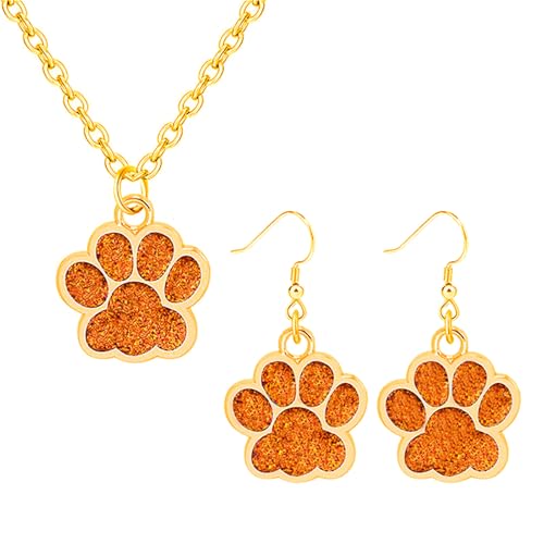 Dreuyet Paw Necklace and Earrings Set for Women Glitter Cute Dog Cat Pet Paw Print Pendant Necklace Earrings Lovely Animal Charm Jewelry Set Gifts - color: Gold Orange
